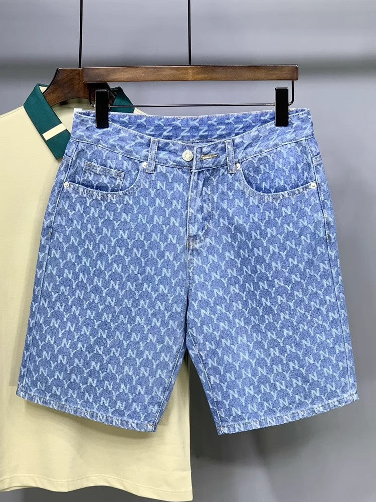 Men's Denim Shorts 2025 New Summer Thin Slim Fit American Style Five-Point Shorts Trendy Printed Pants