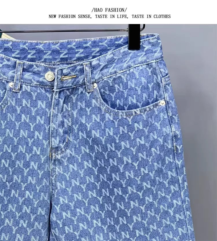 Men's Denim Shorts 2025 New Summer Thin Slim Fit American Style Five-Point Shorts Trendy Printed Pants