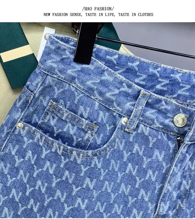 Men's Denim Shorts 2025 New Summer Thin Slim Fit American Style Five-Point Shorts Trendy Printed Pants