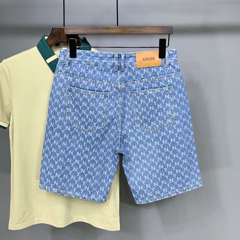 Men's Denim Shorts 2025 New Summer Thin Slim Fit American Style Five-Point Shorts Trendy Printed Pants