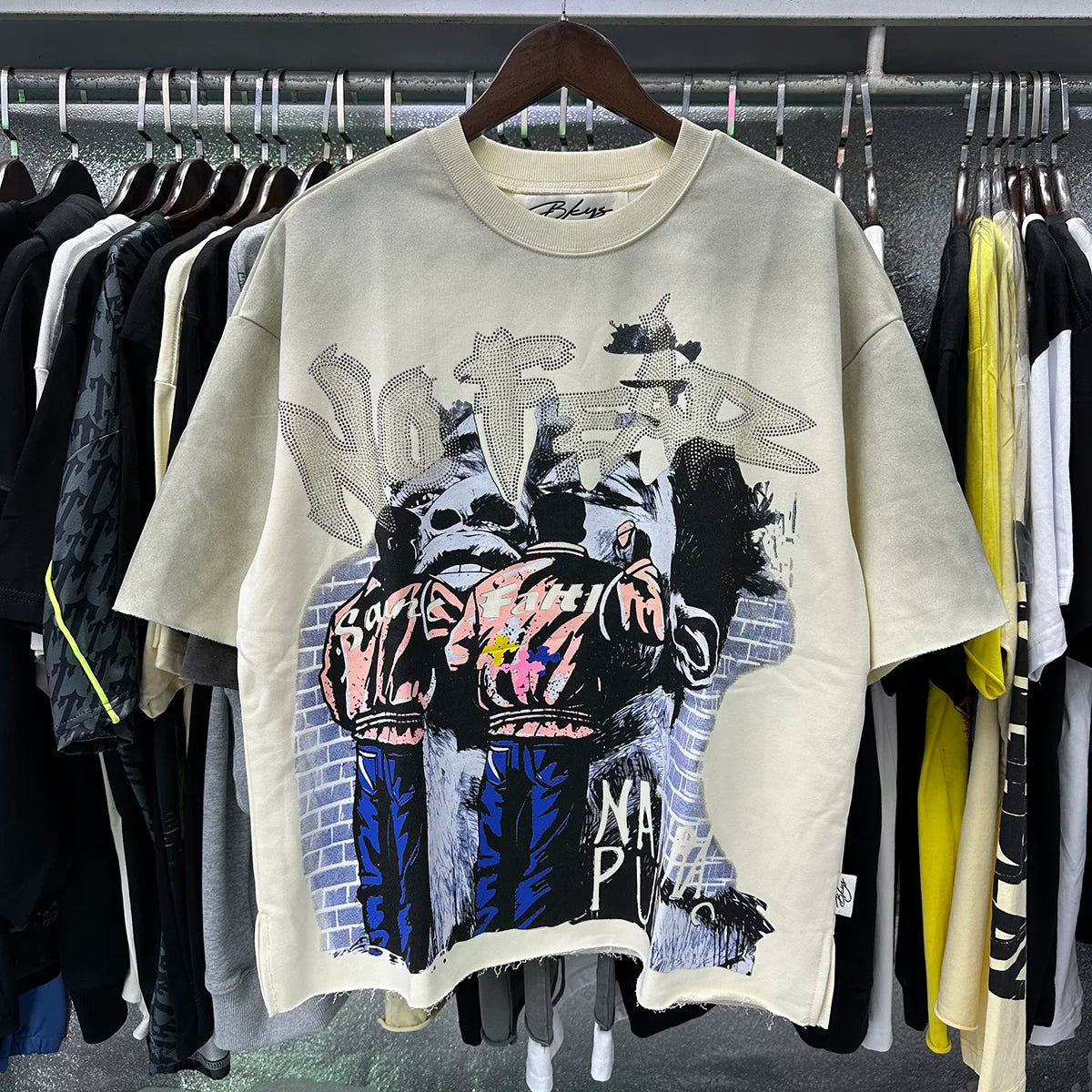 Best Quality Rhinestone Logo Bling T Shirt Men Women Character Print F-Terry Cropped T-Shirt Wash Gray Full Flash Diamond Tees
