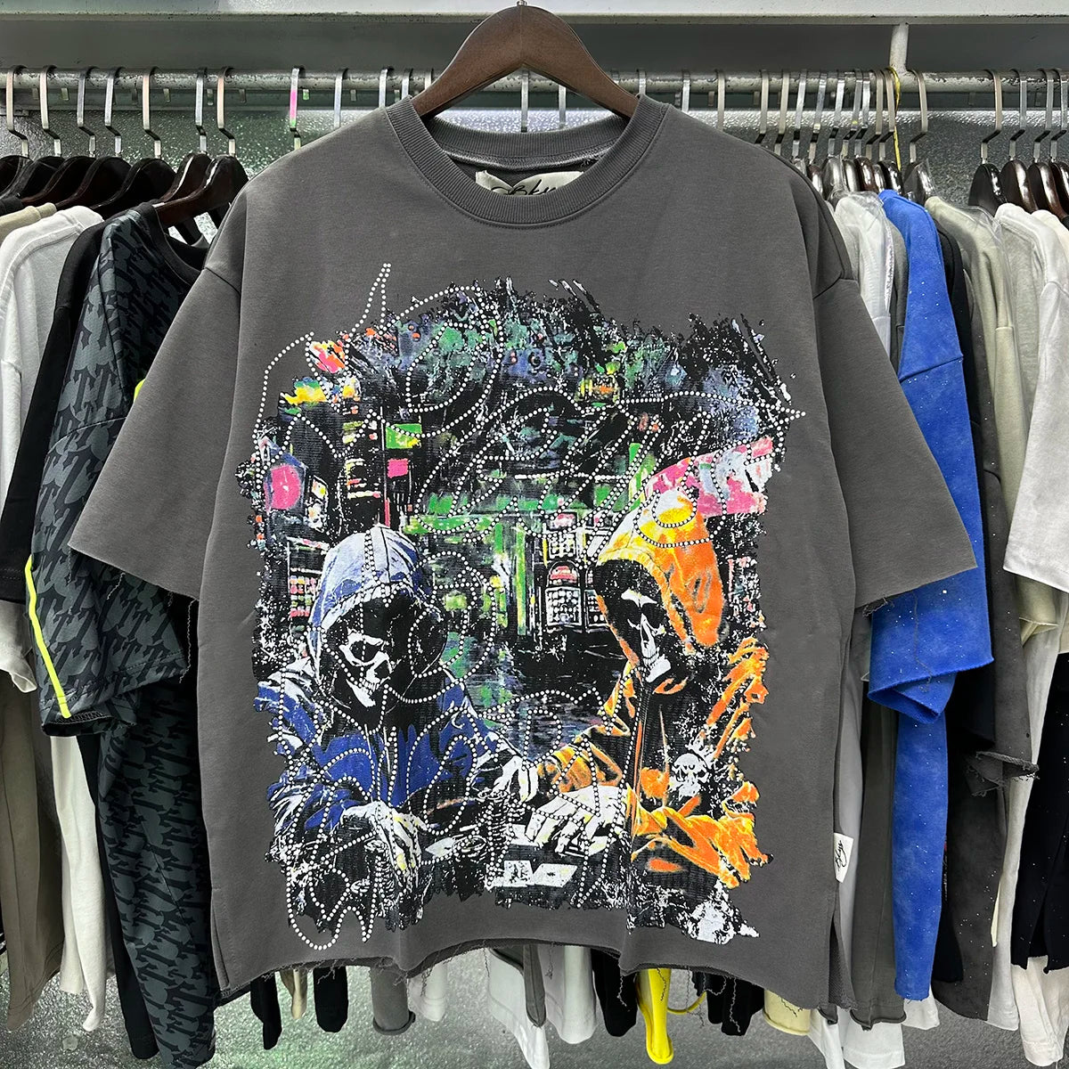 Best Quality Rhinestone Logo Bling T Shirt Men Women Character Print F-Terry Cropped T-Shirt Wash Gray Full Flash Diamond Tees