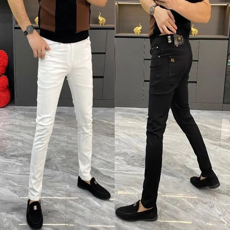 White Jeans Men's European Goods 2025 Summer New Fashion Motorcycle Boots Simple Slim Fit Elastic Versatile Small Feet Trousers