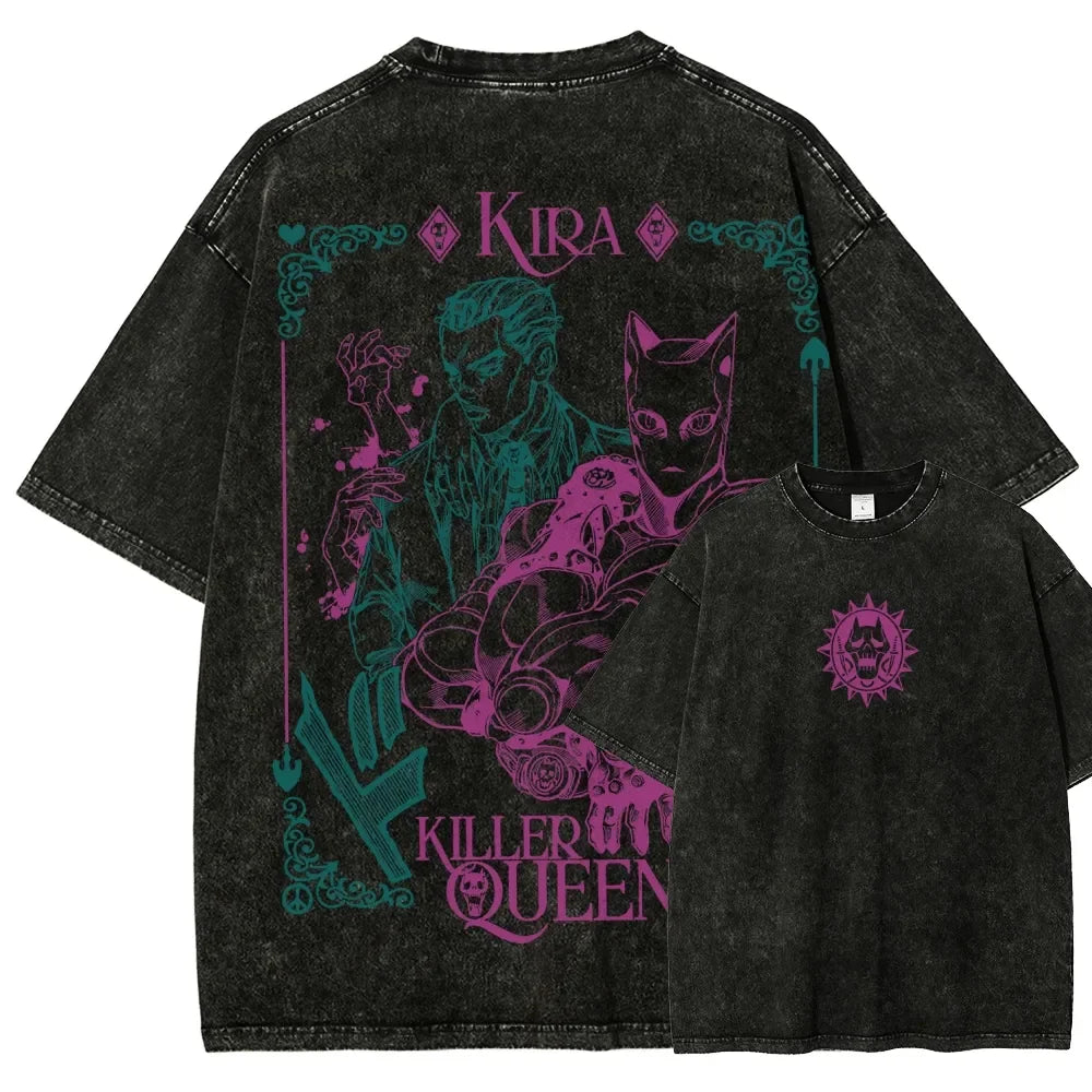 JoJo's Bizarre Adventure Kira Yoshikage Print T-shirt Men Women Tshirts Cotton Clothing Retro Washed T Shirt Harajuku Male Tops