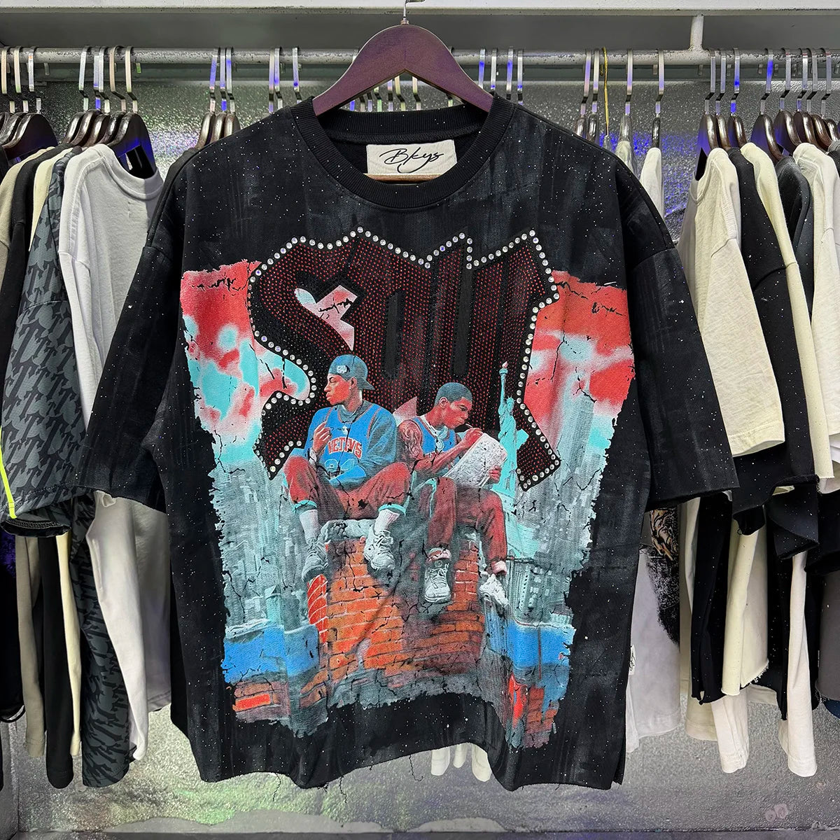 Best Quality Rhinestone Logo Bling T Shirt Men Women Character Print F-Terry Cropped T-Shirt Wash Gray Full Flash Diamond Tees