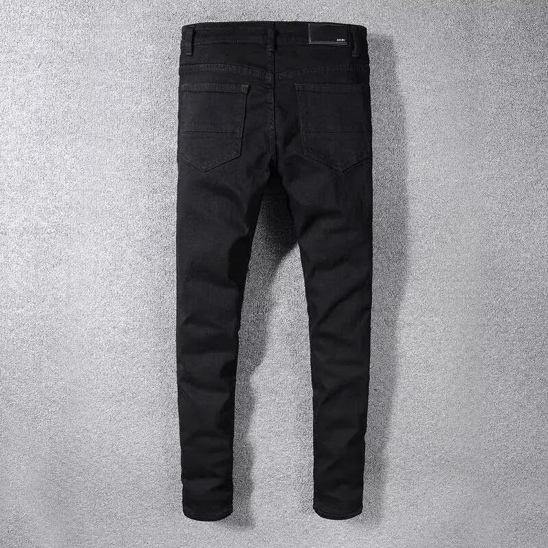 Jeans for Man Original 2025 High Street New Black Ripped Patch Jeans Men's Brand Elastic Slim-fit Small Feet Pants Skinny Jeans