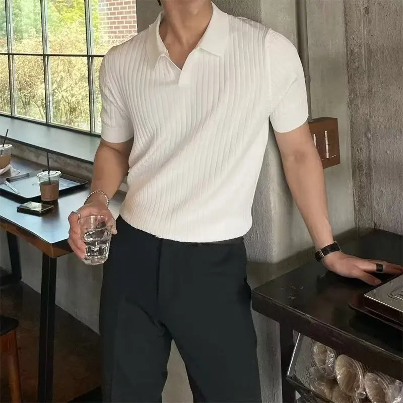 Trendy Polo Shirt for Men Summer Solid Color Top Versatile Knit Style Korean Short Sleeves Casual Fashion T-shirt