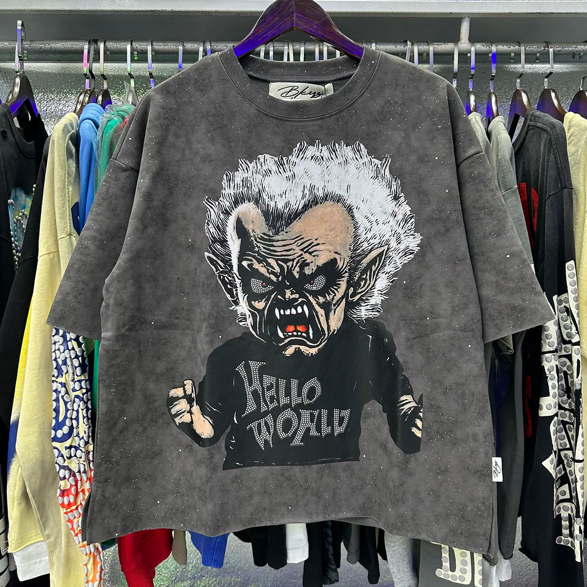 Best Quality Rhinestone Logo Bling T Shirt Men Women Character Print F-Terry Cropped T-Shirt Wash Gray Full Flash Diamond Tees