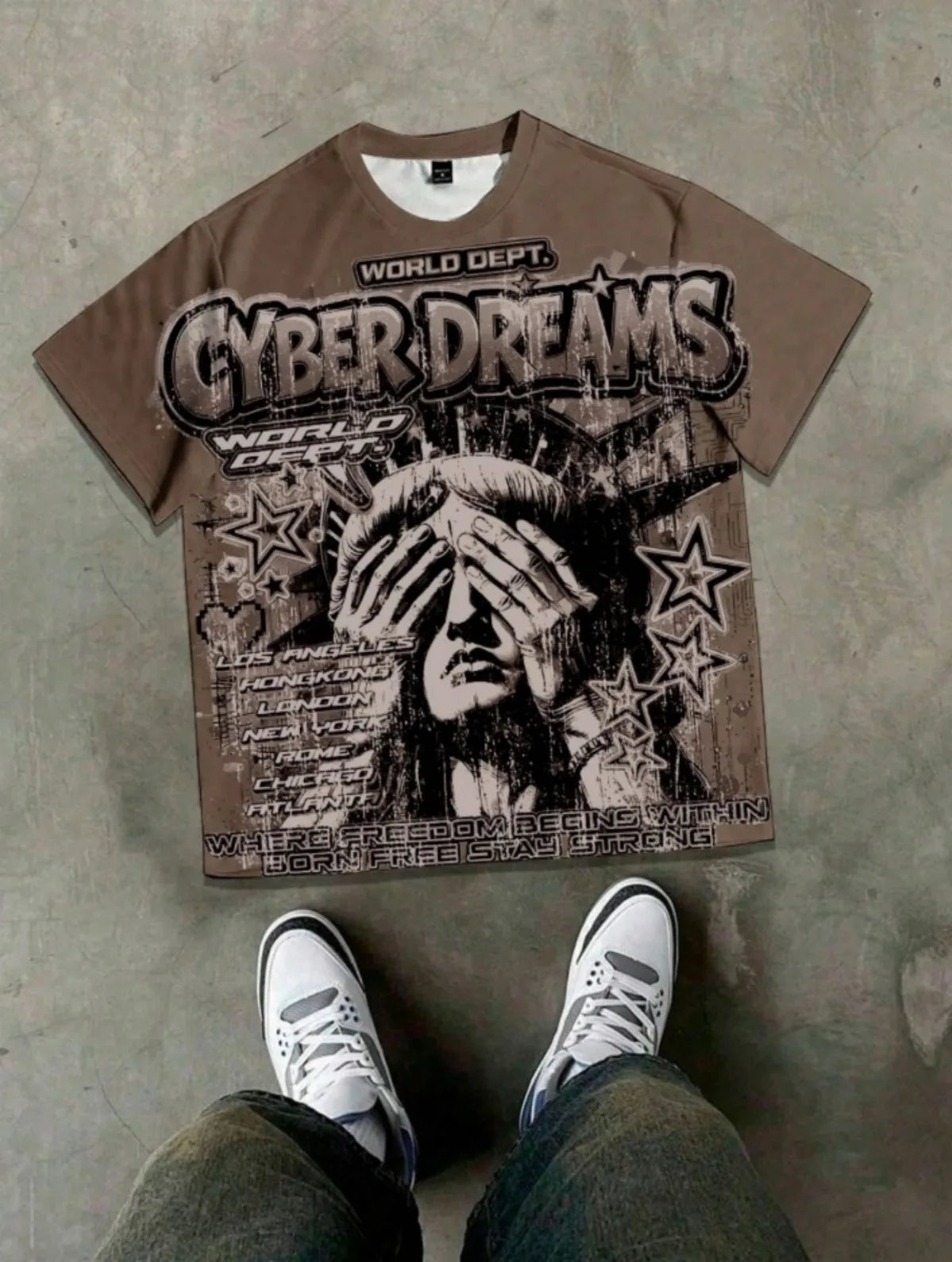 American Men's Summer Gothic Statue of Liberty Letter Print Soft and Breathable Round Neck Tshirt Outdoor Street Top