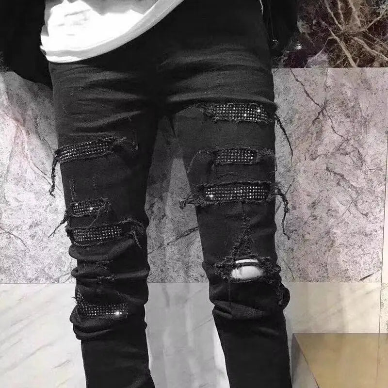 Jeans for Man Original 2025 High Street New Black Ripped Patch Jeans Men's Brand Elastic Slim-fit Small Feet Pants Skinny Jeans
