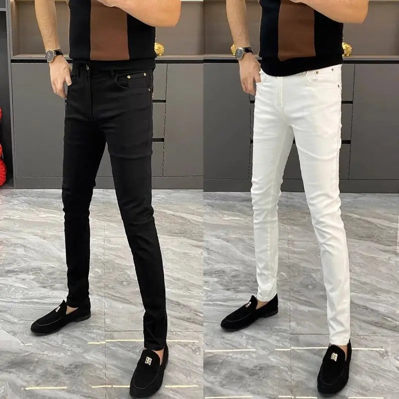 White Jeans Men's European Goods 2025 Summer New Fashion Motorcycle Boots Simple Slim Fit Elastic Versatile Small Feet Trousers