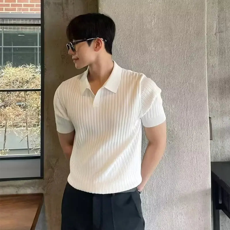 Trendy Polo Shirt for Men Summer Solid Color Top Versatile Knit Style Korean Short Sleeves Casual Fashion T-shirt