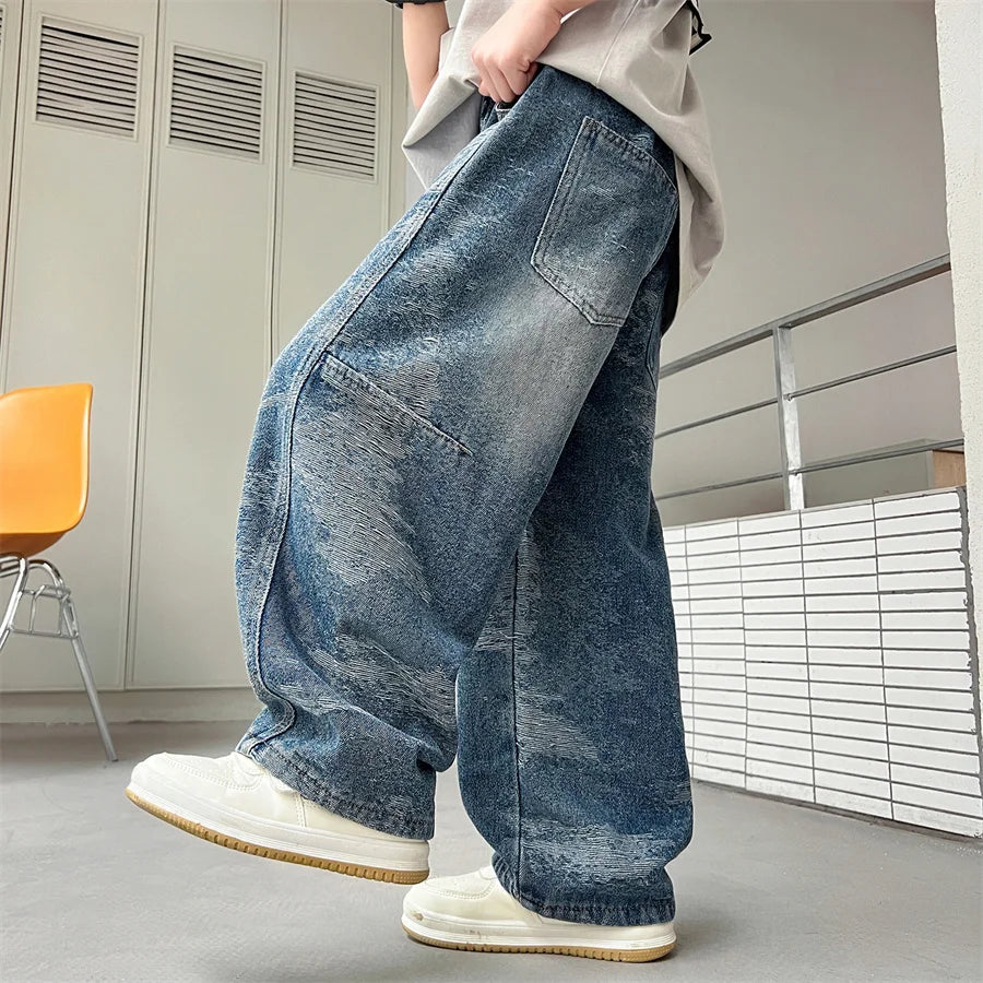 Luxury New Kids Designer Vintage Jacquard Denim Jeans for Teen Boy Elegant Style Casual Jeans Pants Child School Denim Trousers