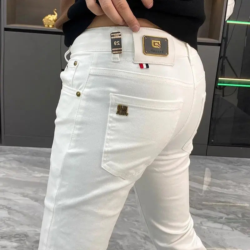 White Jeans Men's European Goods 2025 Summer New Fashion Motorcycle Boots Simple Slim Fit Elastic Versatile Small Feet Trousers
