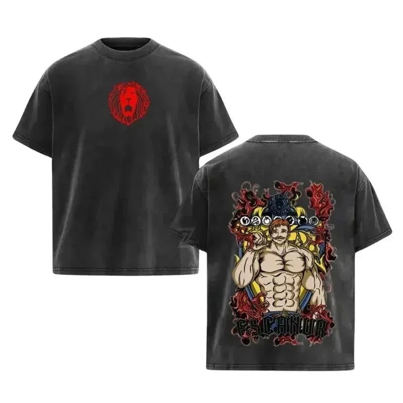 Japanese Anime The Seven Deadly Sins Escanor Graphic Print Vintage Washed T-Shirt, Unisex Retro Loose Harajuku Y2K Cotton Summer