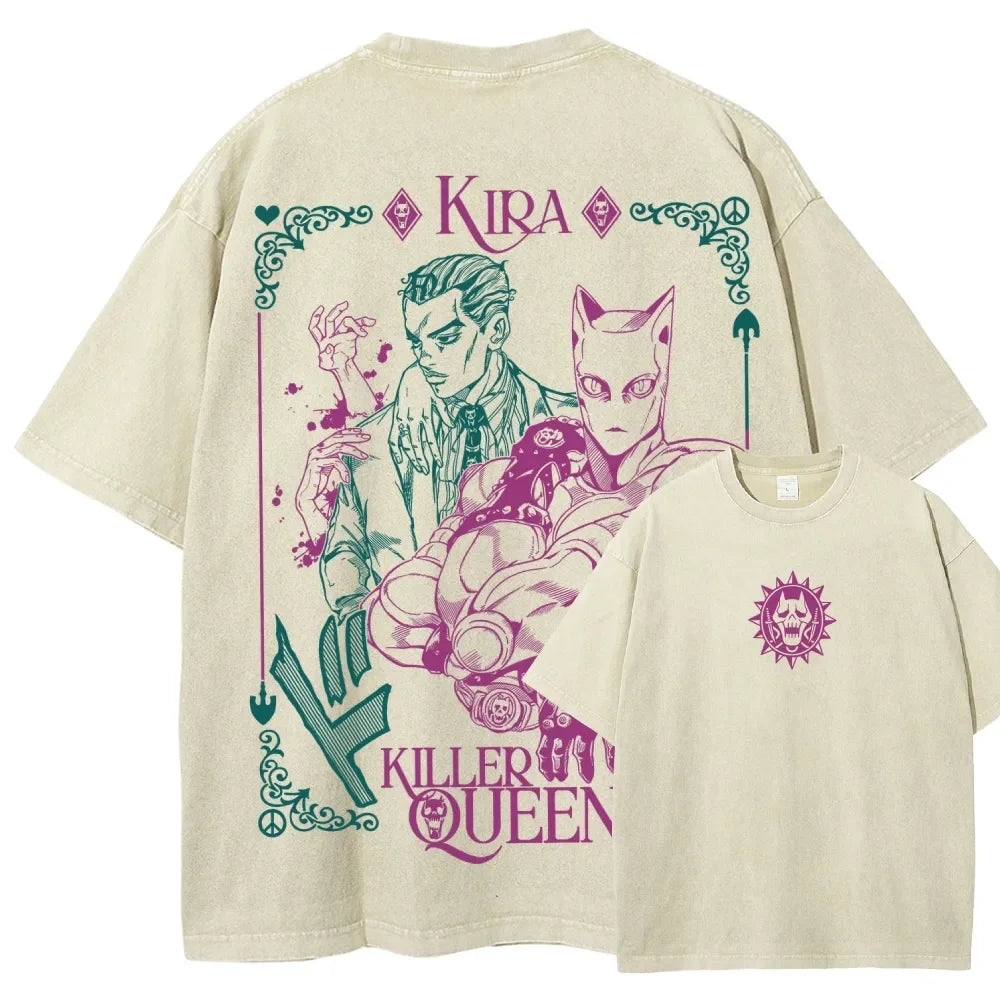 JoJo's Bizarre Adventure Kira Yoshikage Print T-shirt Men Women Tshirts Cotton Clothing Retro Washed T Shirt Harajuku Male Tops