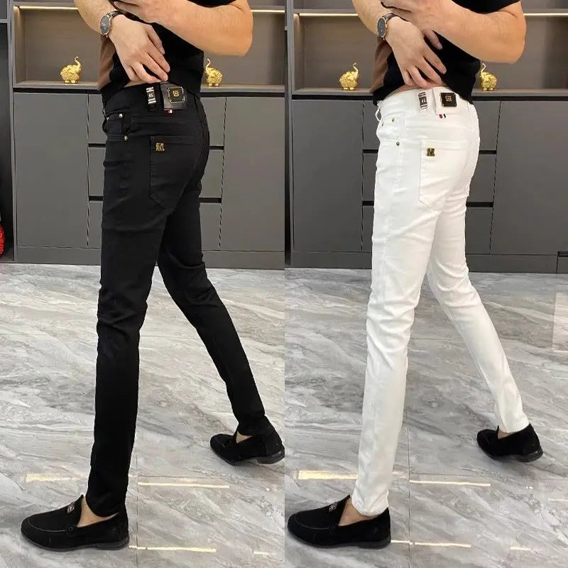 White Jeans Men's European Goods 2025 Summer New Fashion Motorcycle Boots Simple Slim Fit Elastic Versatile Small Feet Trousers