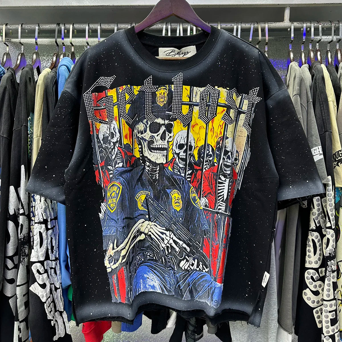 Best Quality Rhinestone Logo Bling T Shirt Men Women Character Print F-Terry Cropped T-Shirt Wash Gray Full Flash Diamond Tees