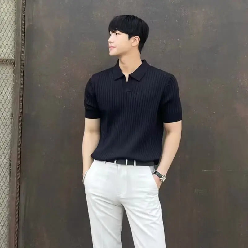 Trendy Polo Shirt for Men Summer Solid Color Top Versatile Knit Style Korean Short Sleeves Casual Fashion T-shirt