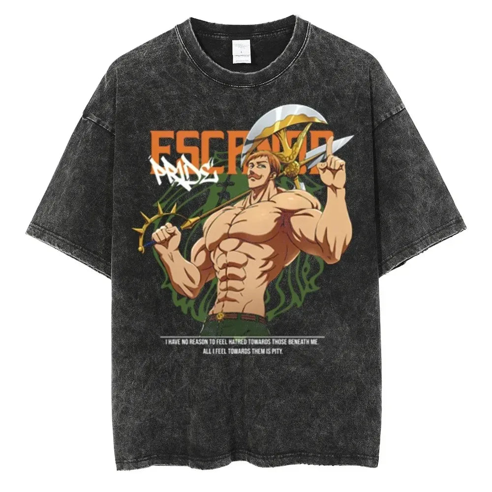 Japanese Anime The Seven Deadly Sins Escanor Graphic Print Vintage Washed T-Shirt, Unisex Retro Loose Harajuku Y2K Cotton Summer