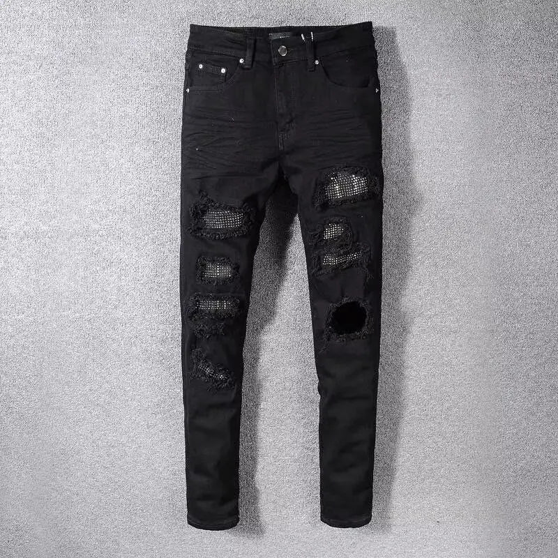 Jeans for Man Original 2025 High Street New Black Ripped Patch Jeans Men's Brand Elastic Slim-fit Small Feet Pants Skinny Jeans