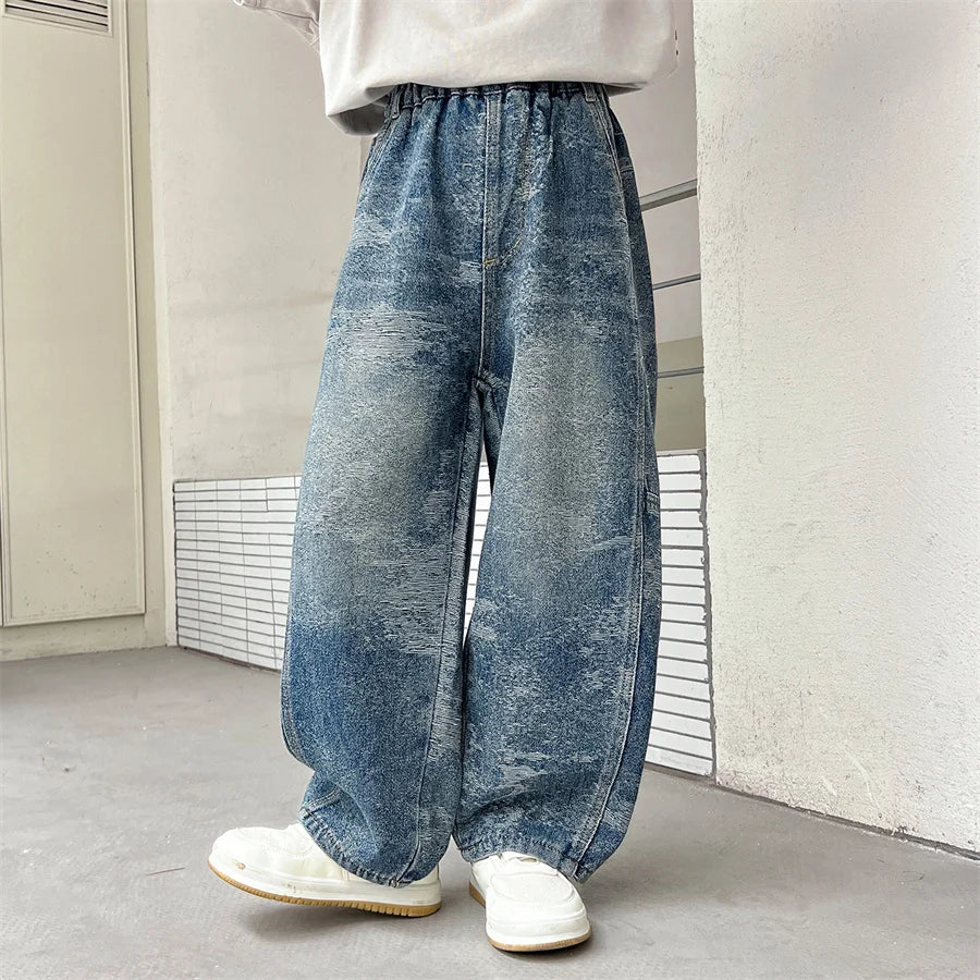 Luxury New Kids Designer Vintage Jacquard Denim Jeans for Teen Boy Elegant Style Casual Jeans Pants Child School Denim Trousers