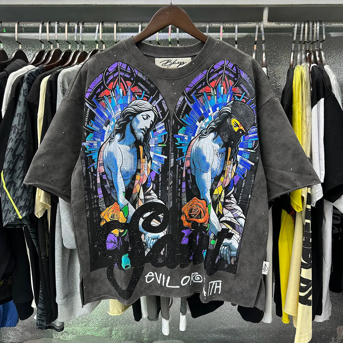 Best Quality Rhinestone Logo Bling T Shirt Men Women Character Print F-Terry Cropped T-Shirt Wash Gray Full Flash Diamond Tees