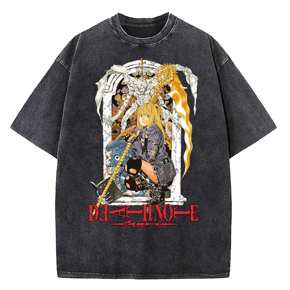 Harajuku Vintage Washed Death Note T Shirt Men Anime Graphic Printing T Shirt Cotton Fashion Streetwear Unisex Top Tee