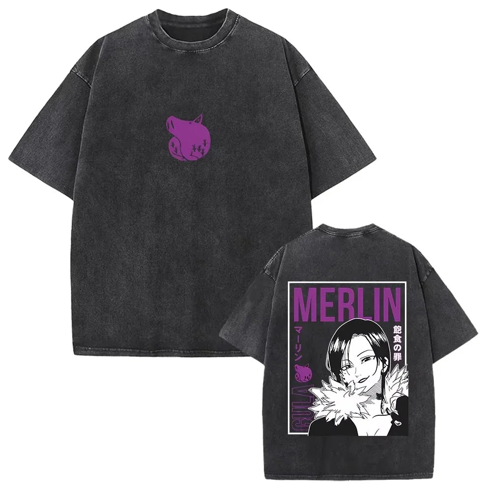 Japanese Anime The Seven Deadly Sins Escanor Graphic Print Vintage Washed T-Shirt, Unisex Retro Loose Harajuku Y2K Cotton Summer