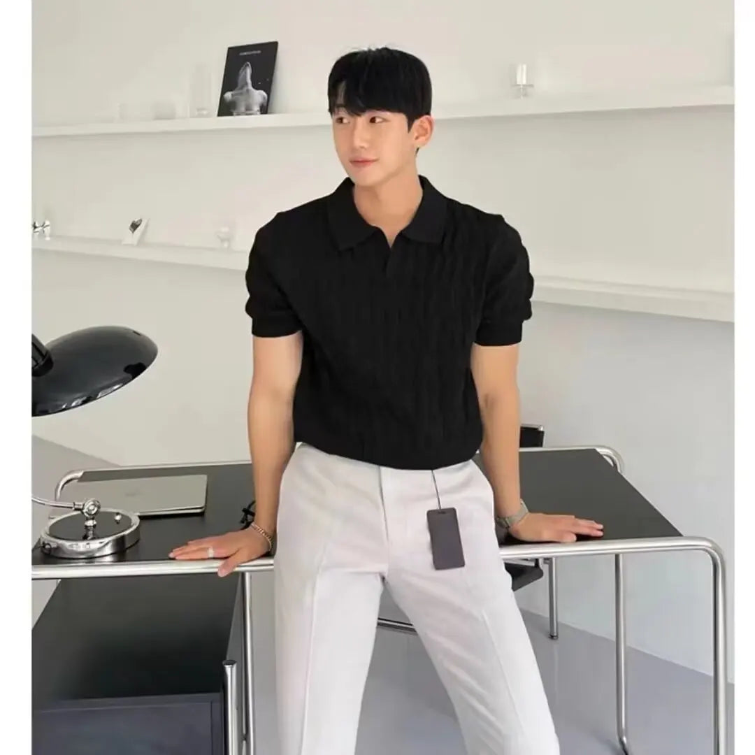 Trendy Polo Shirt for Men Summer Solid Color Top Versatile Knit Style Korean Short Sleeves Casual Fashion T-shirt
