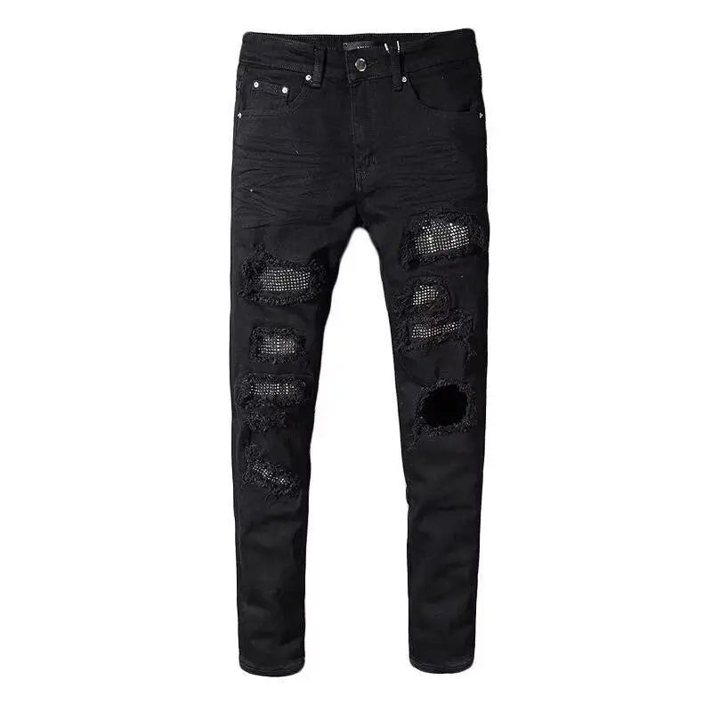 Jeans for Man Original 2025 High Street New Black Ripped Patch Jeans Men's Brand Elastic Slim-fit Small Feet Pants Skinny Jeans
