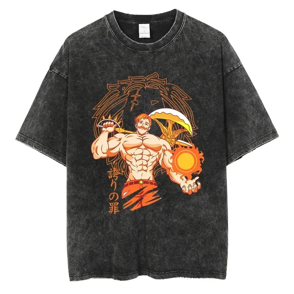 Japanese Anime The Seven Deadly Sins Escanor Graphic Print Vintage Washed T-Shirt, Unisex Retro Loose Harajuku Y2K Cotton Summer