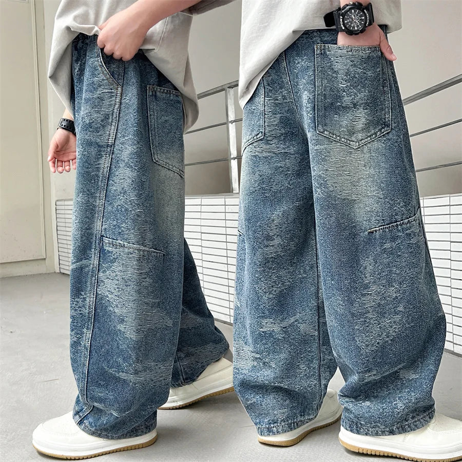 Luxury New Kids Designer Vintage Jacquard Denim Jeans for Teen Boy Elegant Style Casual Jeans Pants Child School Denim Trousers