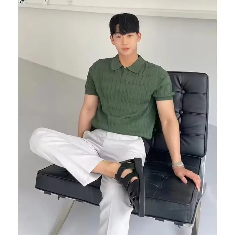 Trendy Polo Shirt for Men Summer Solid Color Top Versatile Knit Style Korean Short Sleeves Casual Fashion T-shirt