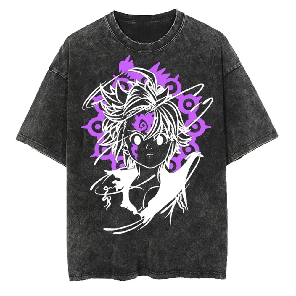 Japanese Anime The Seven Deadly Sins Escanor Graphic Print Vintage Washed T-Shirt, Unisex Retro Loose Harajuku Y2K Cotton Summer