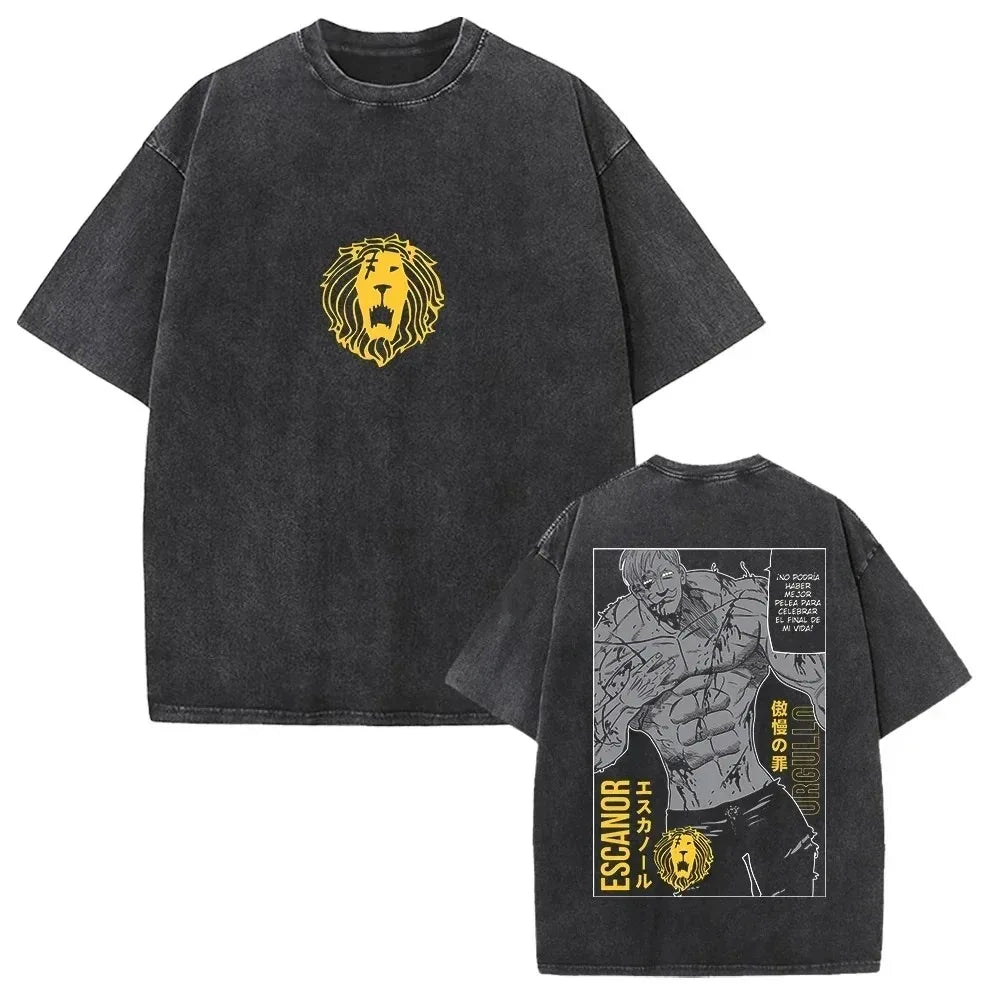Japanese Anime The Seven Deadly Sins Escanor Graphic Print Vintage Washed T-Shirt, Unisex Retro Loose Harajuku Y2K Cotton Summer