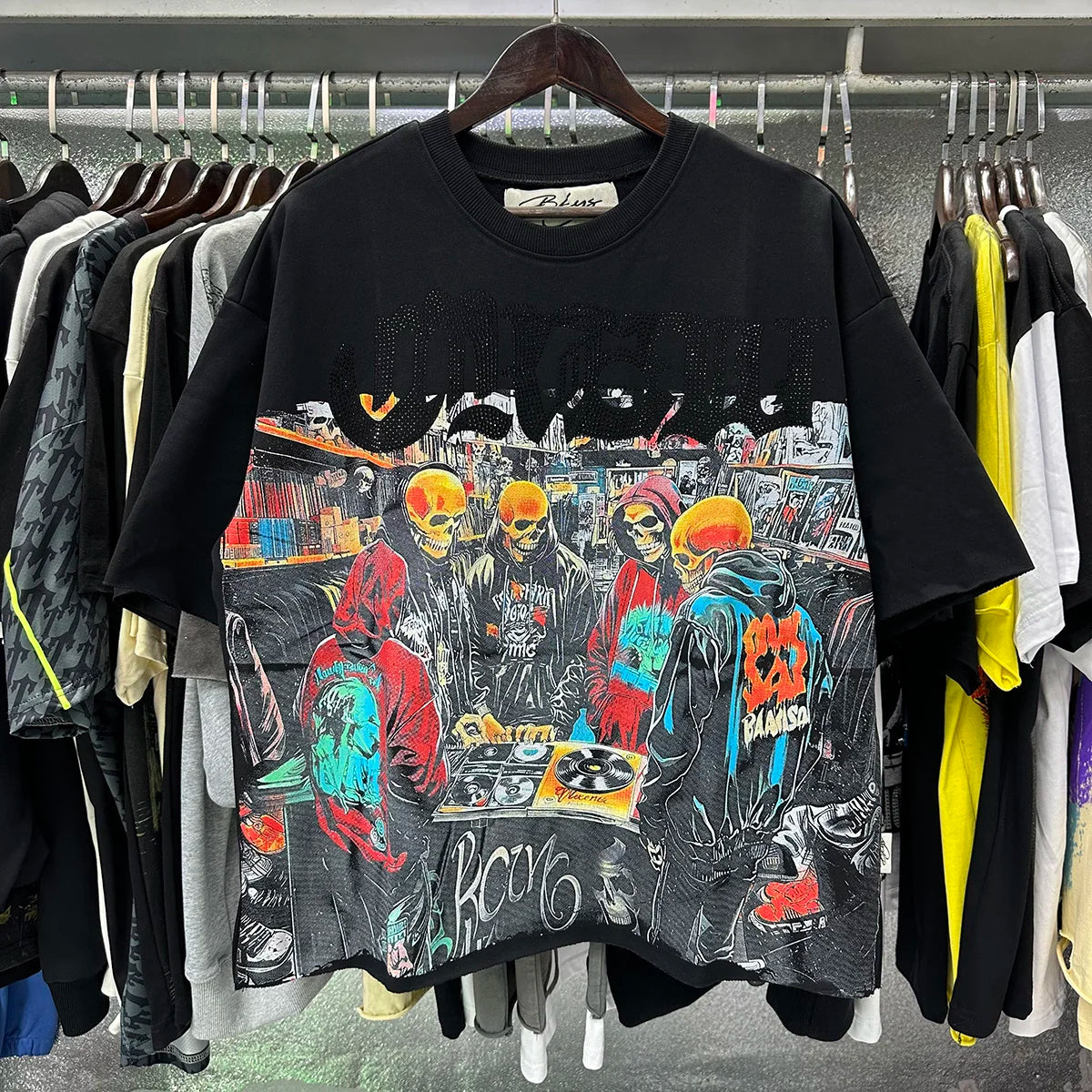Best Quality Rhinestone Logo Bling T Shirt Men Women Character Print F-Terry Cropped T-Shirt Wash Gray Full Flash Diamond Tees