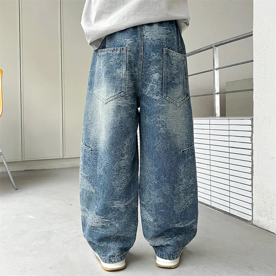 Luxury New Kids Designer Vintage Jacquard Denim Jeans for Teen Boy Elegant Style Casual Jeans Pants Child School Denim Trousers
