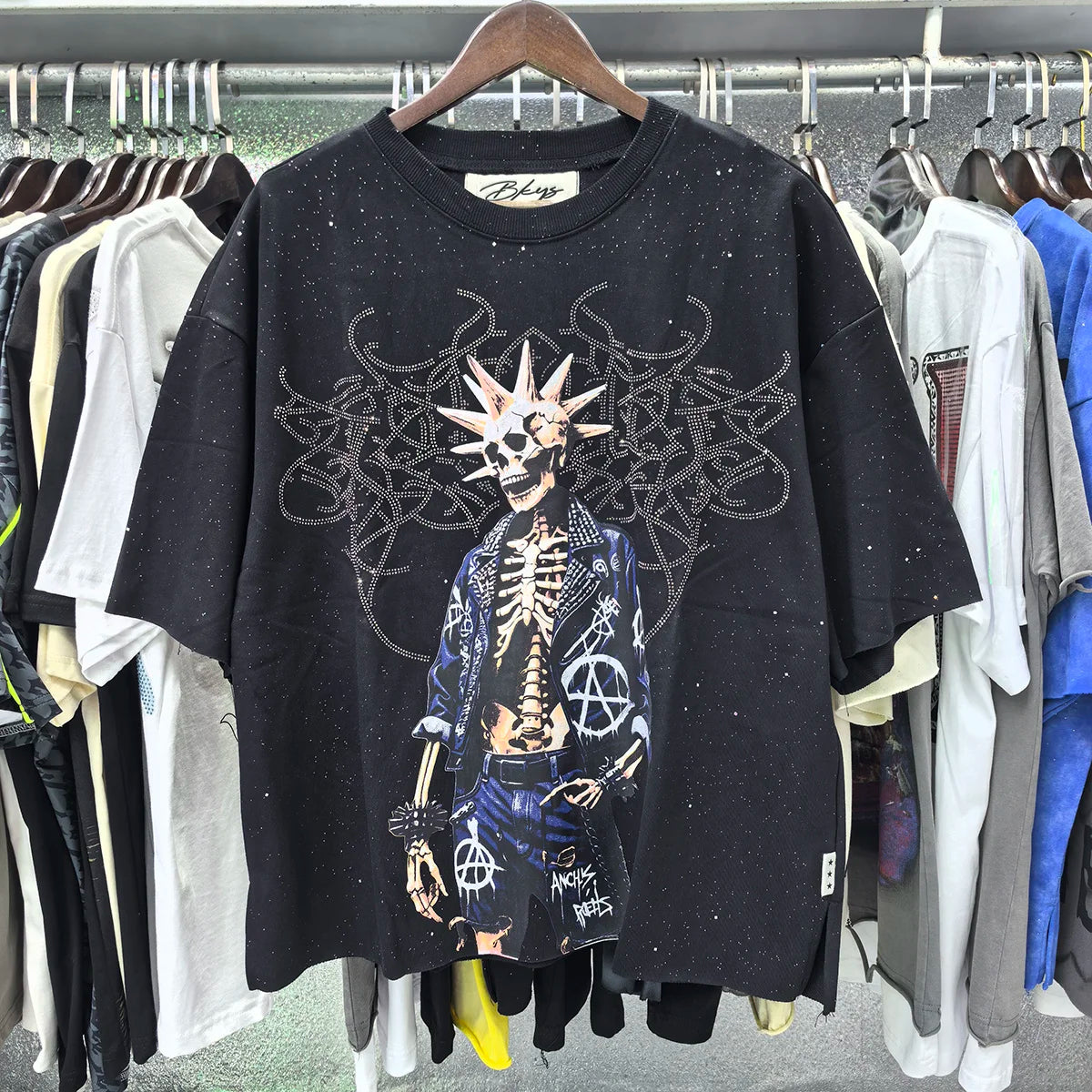 Best Quality Rhinestone Logo Bling T Shirt Men Women Character Print F-Terry Cropped T-Shirt Wash Gray Full Flash Diamond Tees