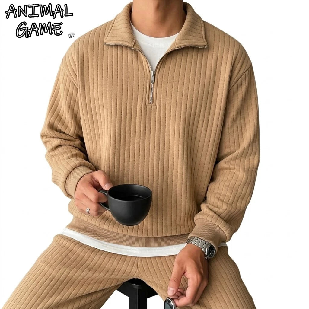 Quarter Zip Men's Sweatshirts Luxury Solid Stripes Pullover Zip Up Hoodies Gym Man V Neck Zip Up Shirts Long Sleeve Mens Coats