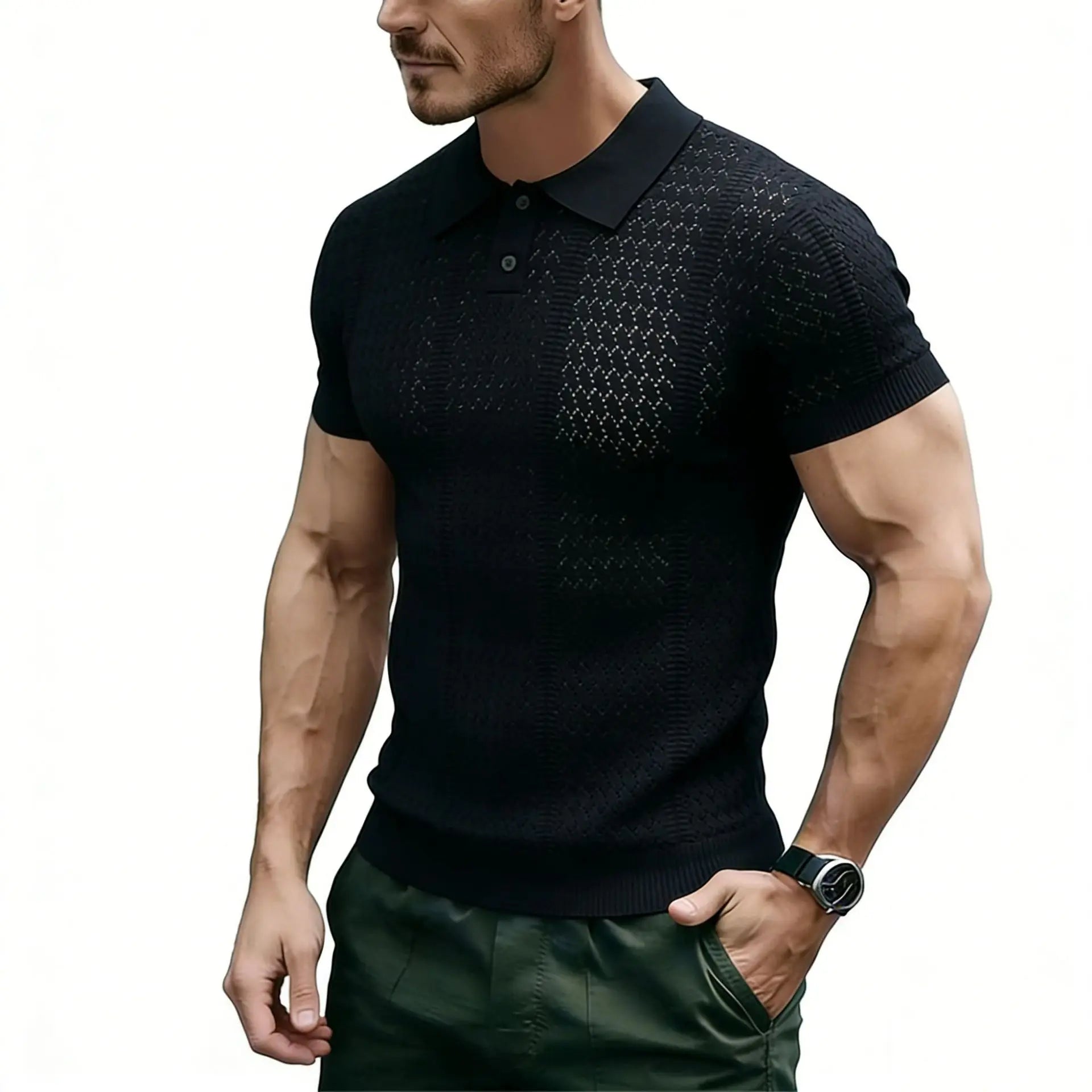 POLO Shirt Short-sleeved Knitted Sweater T-shirt Men's Lapel Hollow Texture Short Sleeve