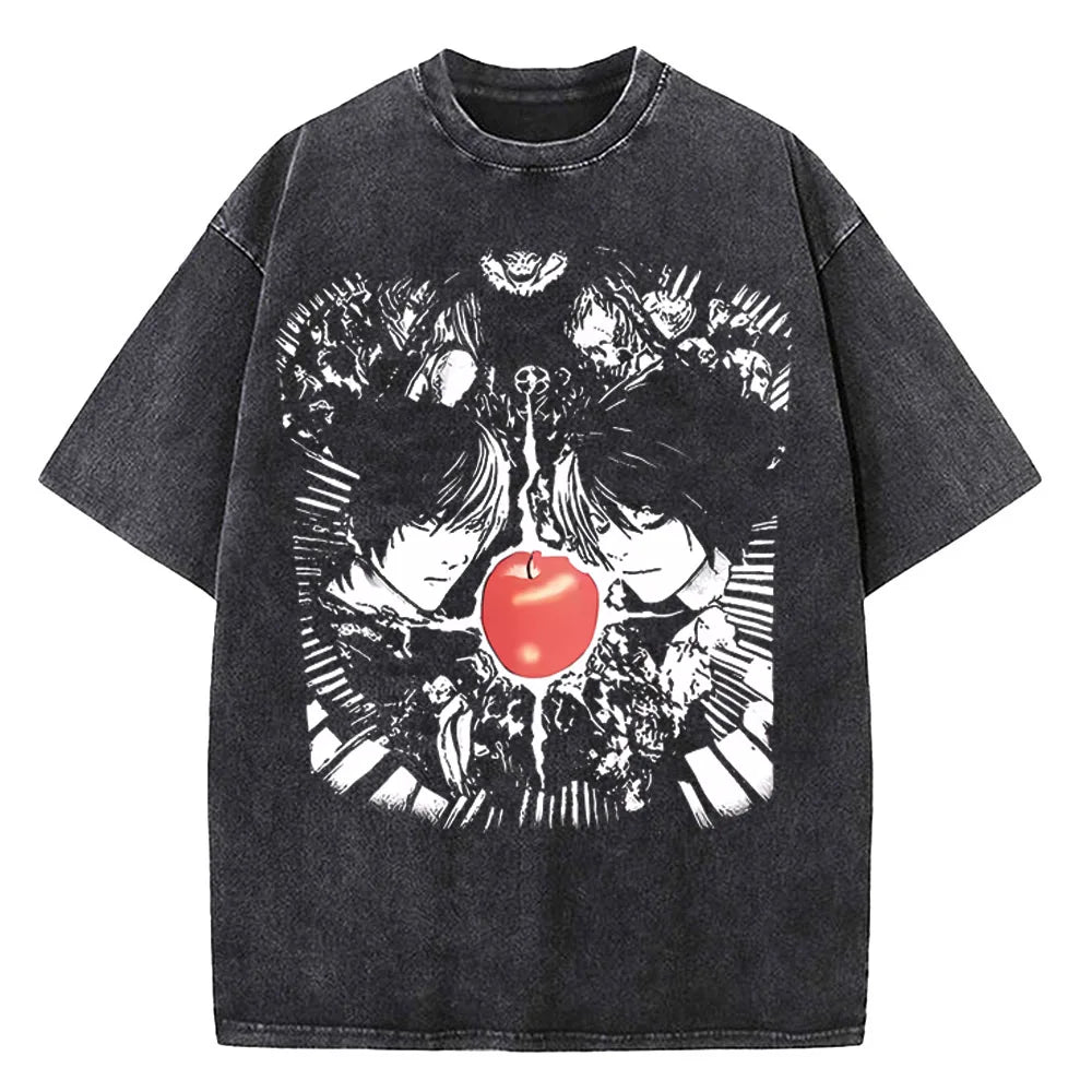 Harajuku Vintage Washed Death Note T Shirt Men Anime Graphic Printing T Shirt Cotton Fashion Streetwear Unisex Top Tee