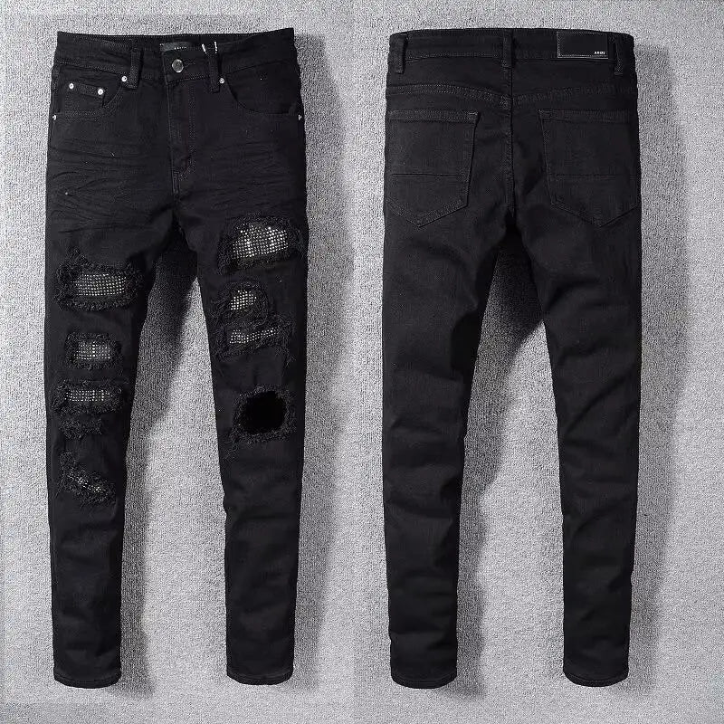 Jeans for Man Original 2025 High Street New Black Ripped Patch Jeans Men's Brand Elastic Slim-fit Small Feet Pants Skinny Jeans