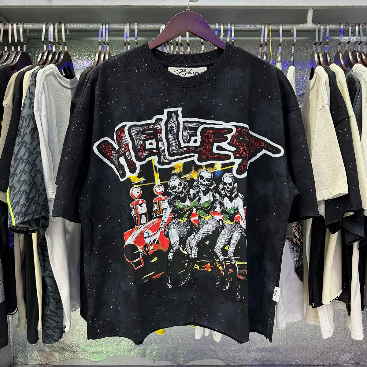 Best Quality Rhinestone Logo Bling T Shirt Men Women Character Print F-Terry Cropped T-Shirt Wash Gray Full Flash Diamond Tees